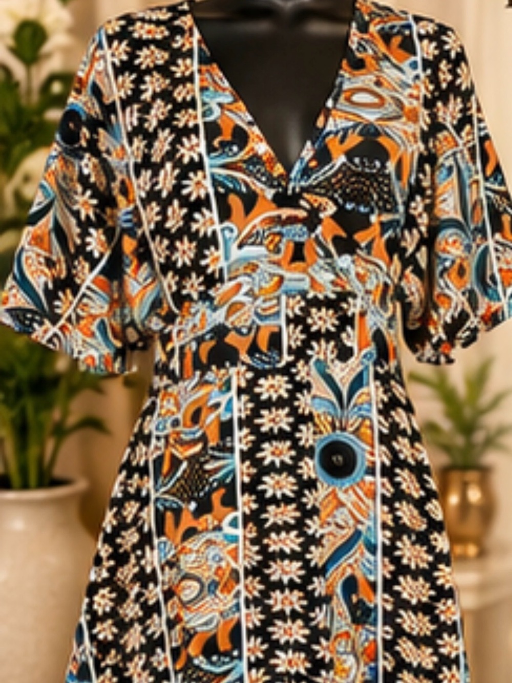 SHEIN Black Patchwork Midi Dress with Orange & Teal Accents